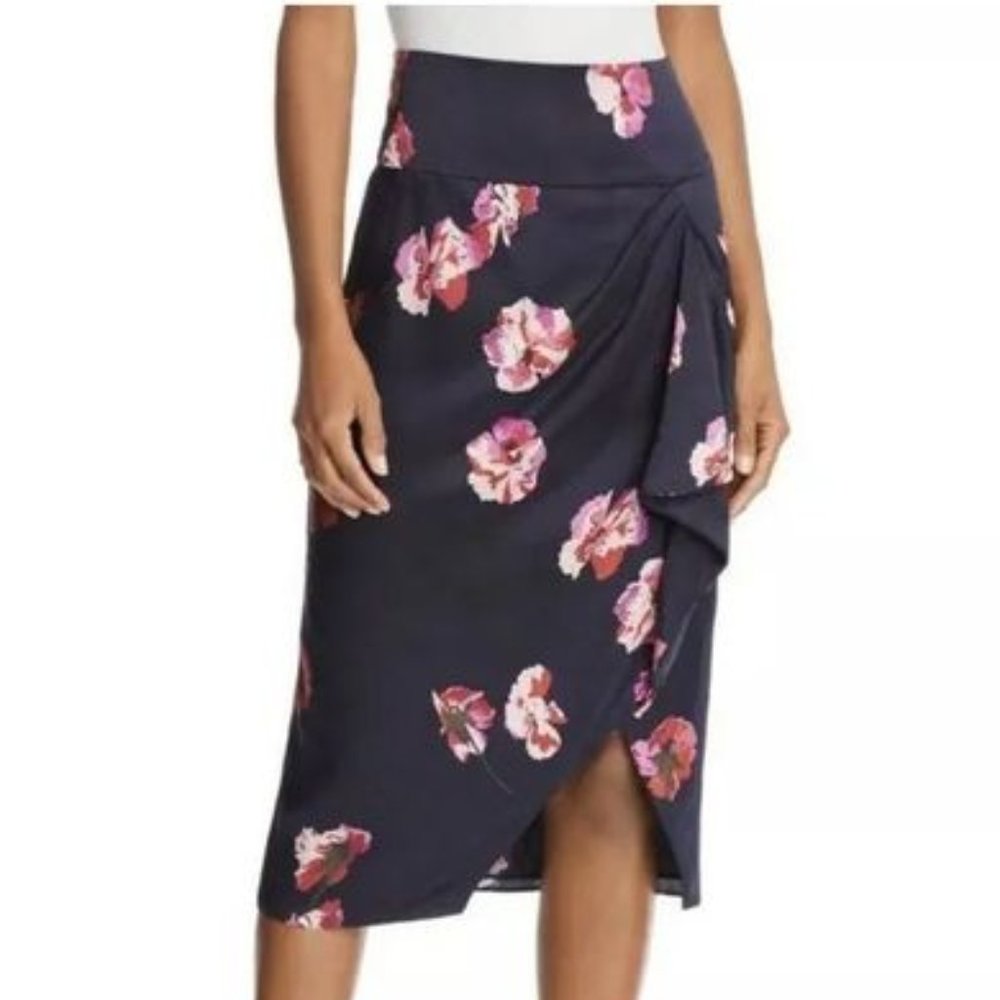 Joie Alphina Satin Floral Faux Wrap Skirt Navy Sz 2